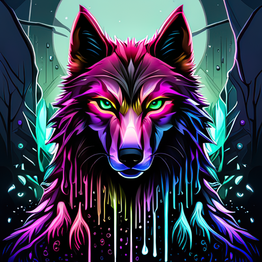 Vibrant neon wolf animal forum avatar/pfp: stylized profile photo with dripping rainbow fur, piercing green eyes and feather accents against a moonlit backdrop.