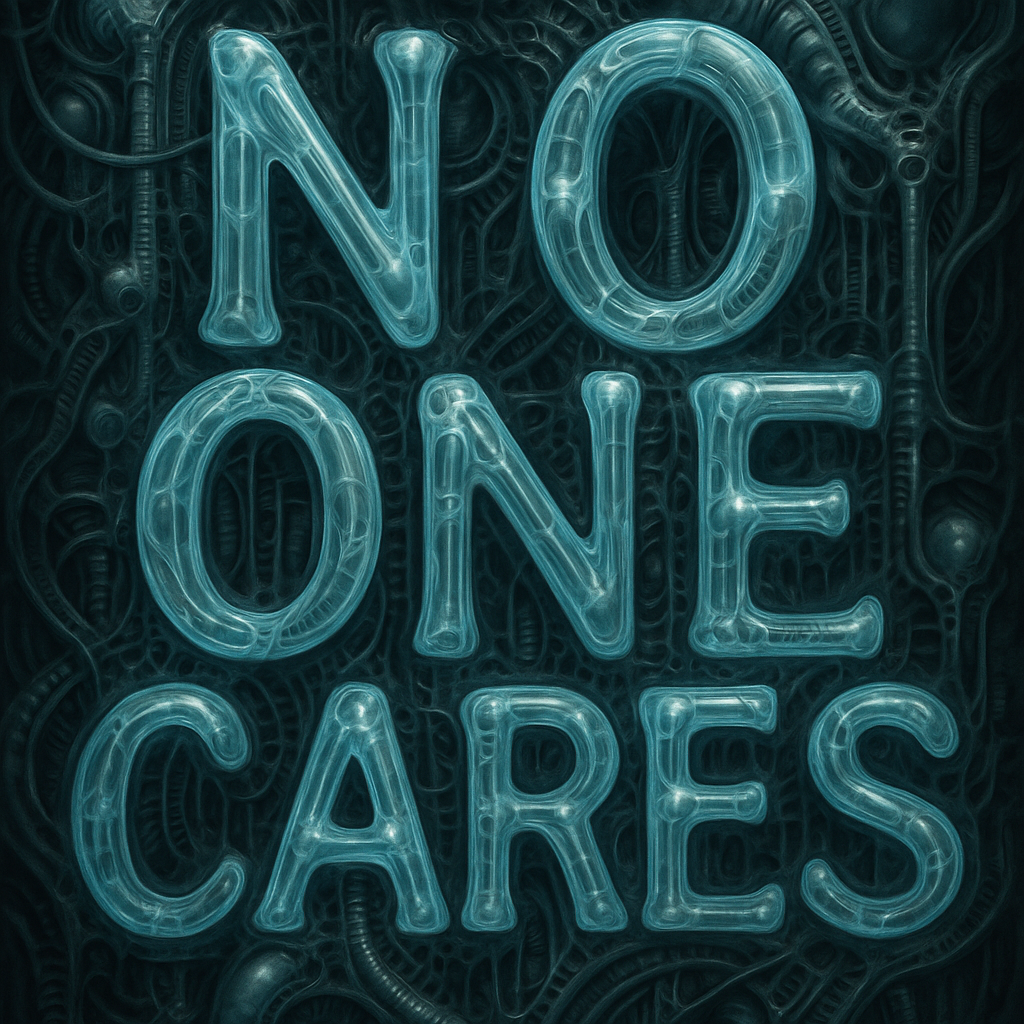 Forum avatar/profile photo: glowing teal, biomechanical-style letters spelling NO ONE CARES over a dark, cable-filled background.