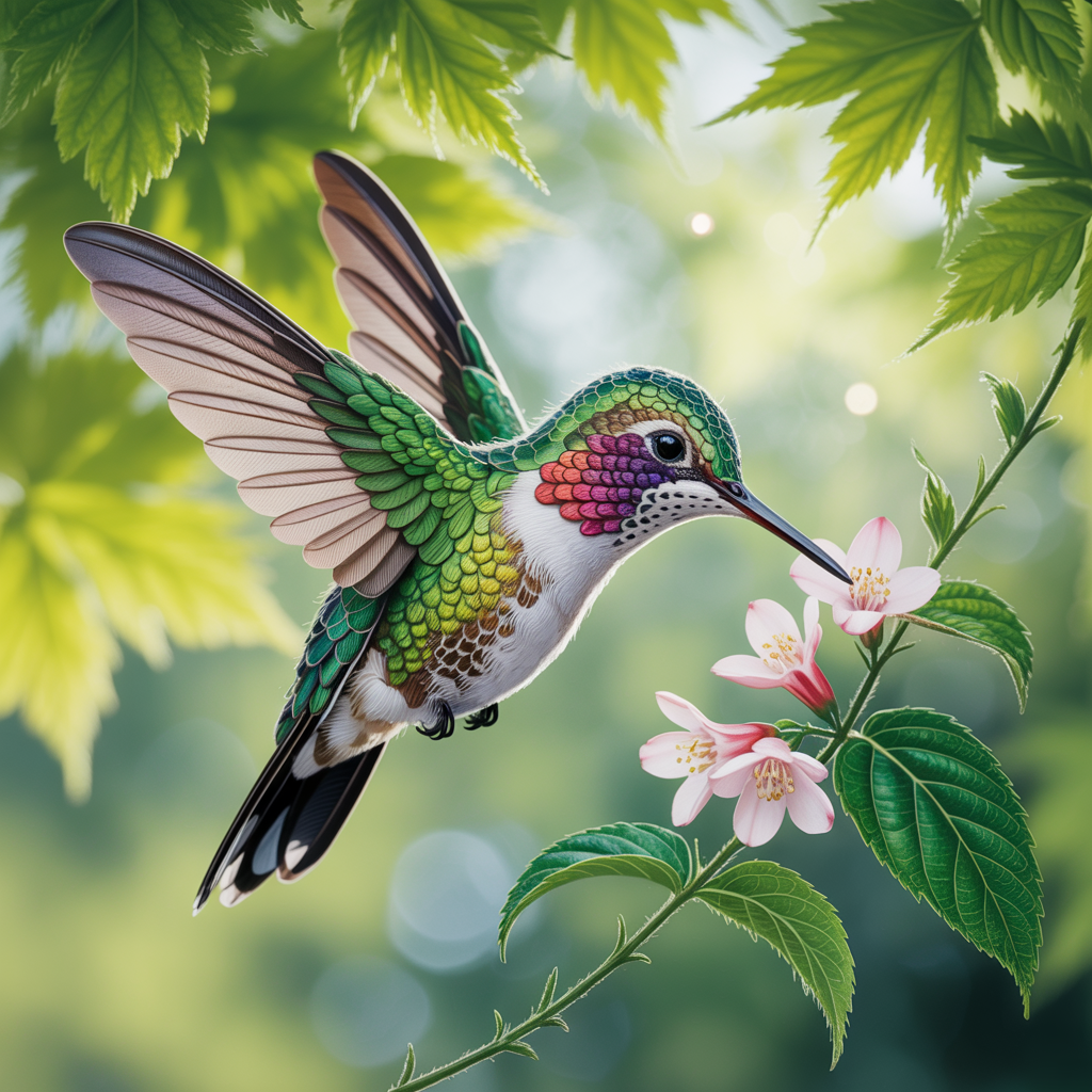 Vibrant hummingbird forum avatar: iridescent green-and-pink bird sipping a blossom amid sunlit leaves, stylized profile photo.