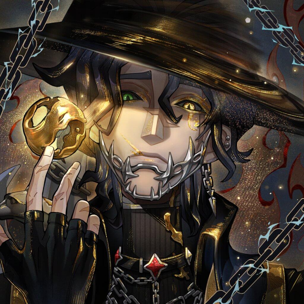 Identity V forum avatar: masked, hat-wearing character with mechanical jaw, mismatched green and gold eyes, chains and a glowing gold ornament.