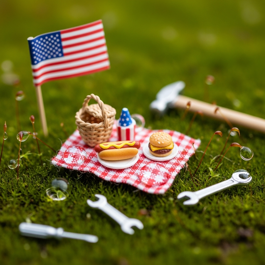 Forum avatar/profile photo of a miniature Labor Day scene: American flag, tiny picnic (hot dog, burger, drink) on a checkered cloth with a wrench and hammer on grass.