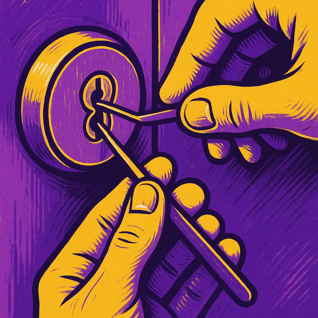 Bold, stylized forum avatar/pfp of hands lockpicking a door cylinder with a tension wrench and pick in vivid purple and yellow.