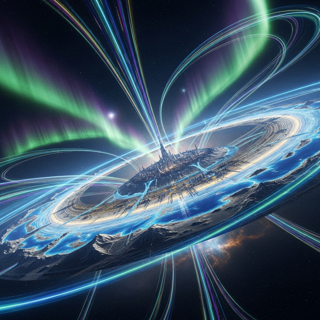 Stylized ringworld forum avatar: luminous ring-city with central metropolis, glowing energy arcs and aurora-like beams stretching across space.