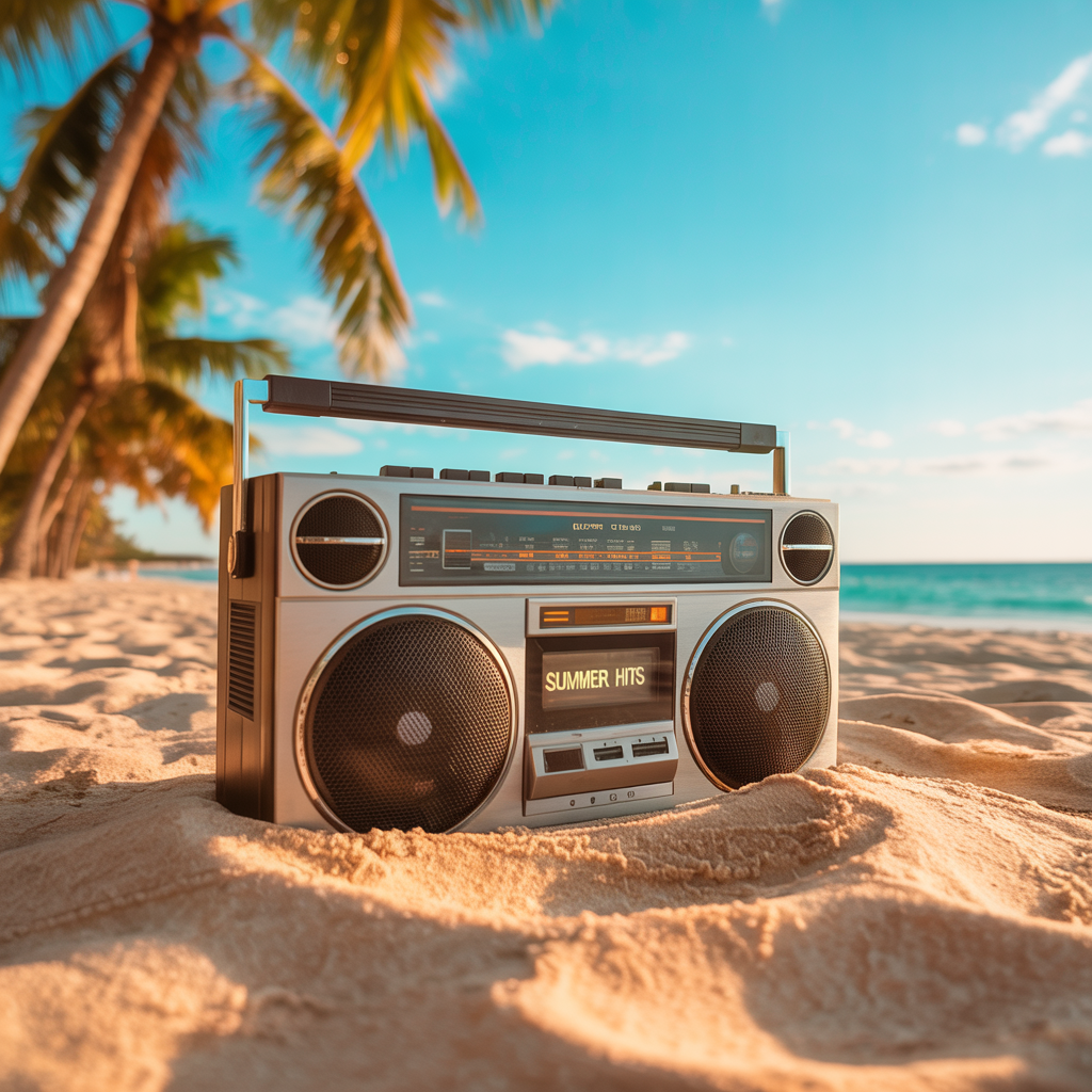 Forum avatar: retro boombox labeled SUMMER HITS resting in sunlit beach sand with palm trees and turquoise sea under a bright blue sky.