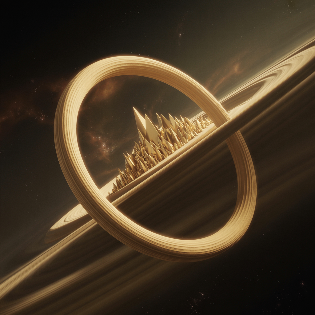 Forum avatar/profile photo: stylized golden ring encircling a spiky metallic city on a dark ringed planet, glowing bronze against a black space backdrop.