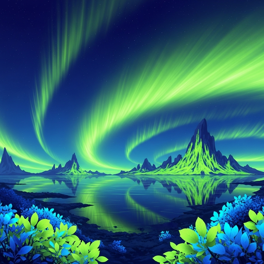 Panorama forum avatar: neon-green aurora swirling over jagged mountains mirrored in calm water, vivid blue-green foliage framing the luminous, otherworldly landscape.