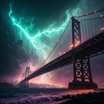 A dramatic stormy scene featuring a bridge illuminated by vibrant lightning, set against a moody sky, ideal for a forum avatar.