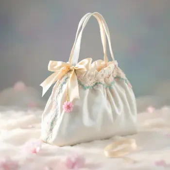 A delicate handbag featuring a cream-colored fabric with lace trim and a bow, perfect for an elegant forum avatar or profile picture.