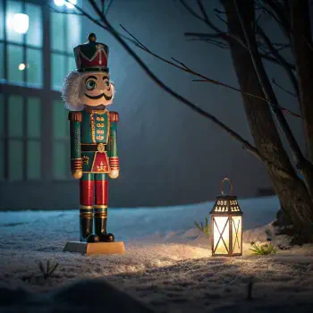 A vibrant nutcracker statue stands in a snowy landscape, illuminated by a lantern, creating a festive atmosphere suitable for a forum avatar or profile picture.