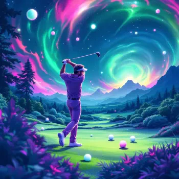 A vibrant golf-themed profile photo featuring a golfer in motion against a stunning cosmic backdrop, blending greens with swirling colors and stars.