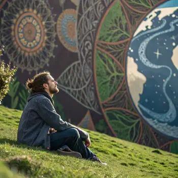 A chill guy sits on grass, gazing thoughtfully at an intricate mural featuring a stylized Earth, surrounded by vibrant patterns and natural greenery.