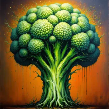 A vibrant, artistic representation of a broccoli tree, showcasing lush green florets and a detailed trunk, set against an orange background. This unique image serves as an eye-catching forum avatar.