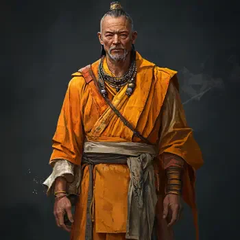 A distinguished monk in an orange robe stands confidently, adorned with necklaces and bracelets, set against a dark background, serving as a forum avatar.