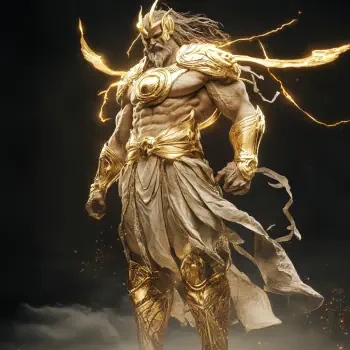 A powerful god figure radiating energy, adorned in shining gold armor, stands confidently amidst swirling lightning, designed as an avatar for forums or profiles.