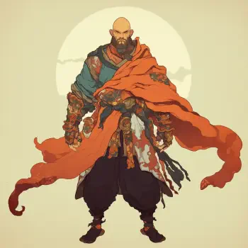 A stylized monk avatar featuring a bald figure in vibrant robes, standing confidently with flowing fabric, against a soft, circular background reminiscent of a rising sun.