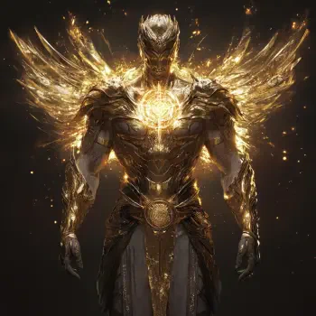 A majestic gold entity with elaborate wings stands tall, radiating a powerful glow from its chest, set against a dark background, perfect for a forum avatar.
