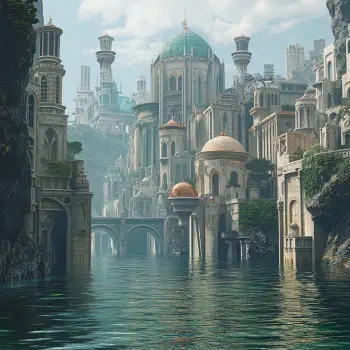 A serene landscape of Atlantis featuring grand architecture, intricate domes, and reflections in the calm water—crafted as an avatar for forums or profiles.