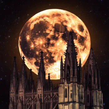 A striking harvest moon casts a warm glow over intricate gothic architecture, creating a captivating scene perfect for a nature-themed forum avatar.