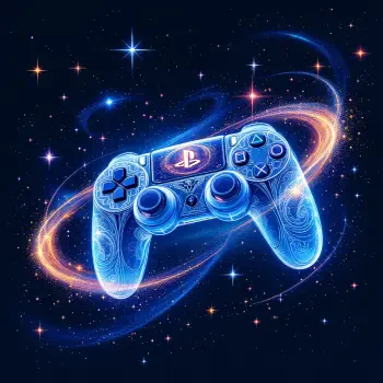 A vibrant PlayStation controller floats amidst a cosmic background of stars and swirling galaxies, serving as a dynamic forum avatar or profile photo.