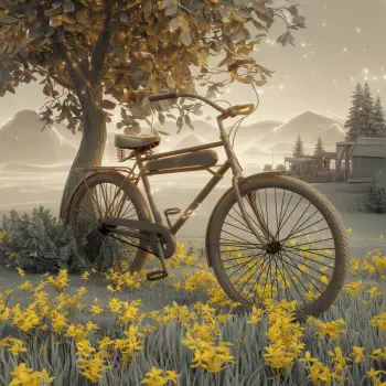 A vintage bike leans against a tree in a serene landscape filled with yellow flowers, creating a peaceful and nostalgic scene, ideal for a forum avatar or profile photo.