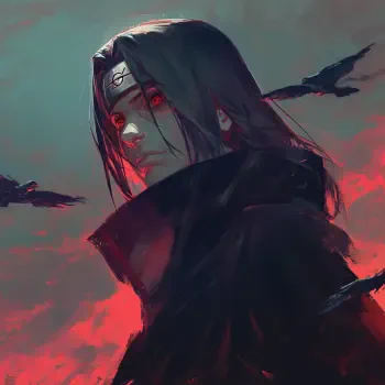 Profile image of Itachi Uchiha from Naruto, featuring his striking Sharingan eyes and a dramatic backdrop of red and dark tones, complemented by silhouettes of crows.