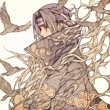 A stylized profile photo featuring Itachi Uchiha from Naruto, surrounded by swirling branches and birds, showcasing his Akatsuki attire and distinctive red eyes.