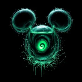 A glowing green Disney-themed avatar featuring a stylized Mickey Mouse silhouette with a swirling center, set against a black background.