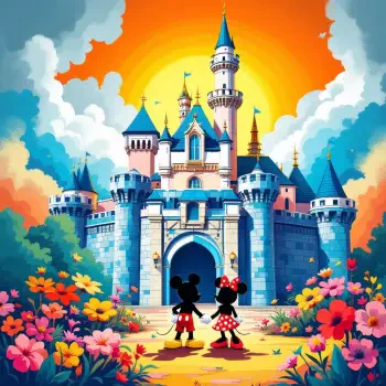 A colorful Disney-themed avatar featuring Mickey and Minnie Mouse holding hands in front of a fairytale castle, surrounded by vibrant flowers and a bright sunset backdrop.
