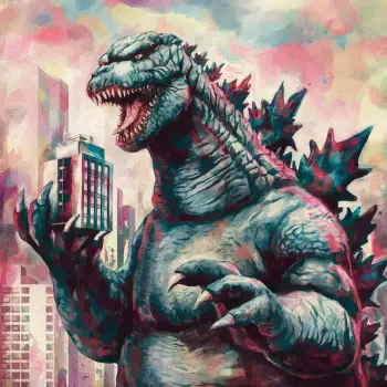 A vibrant illustration of Godzilla towering over a cityscape, holding a building in its claws, serves as a dynamic avatar for forums and profile photos.
