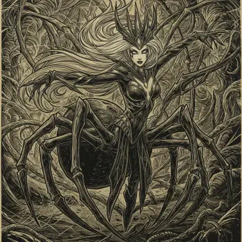 A dark, intricate illustration of Elise from League of Legends. She is depicted as a spider-like creature with flowing hair and a crown, poised in a mysterious forest setting.