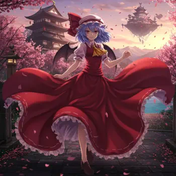 A vibrant Touhou-themed avatar featuring a character in a flowing red dress with a white apron, set against a backdrop of cherry blossoms and traditional architecture.