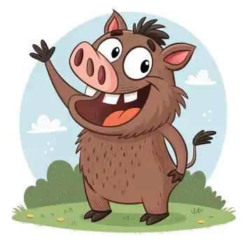A cheerful cartoon boar waves with a big smile, set against a light blue background with fluffy clouds and green grass, perfect for a forum avatar or profile picture.