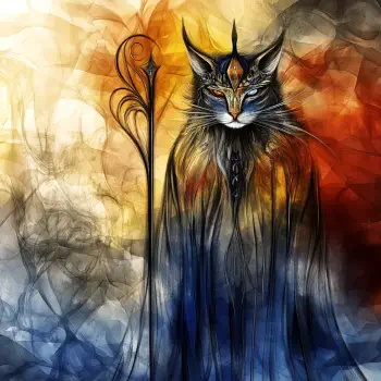 An artistic depiction of a majestic cat adorned with a crown and cloak, standing regally beside a staff, capturing a sense of feline royalty. Perfect for a forum avatar.