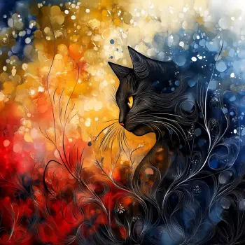 A vibrant artistic depiction of a black cat, with intricate floral patterns and a colorful background blending warm and cool tones, making it a captivating forum avatar.