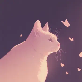 Aesthetic profile photo featuring a serene white cat surrounded by softly glowing butterflies, creating a whimsical and enchanting atmosphere.