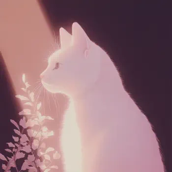A serene white cat gazes thoughtfully in soft light, surrounded by delicate foliage, creating an aesthetic vibe perfect for a forum avatar or profile photo.