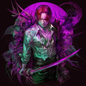 Vibrant anime forum avatar featuring Shanks from One Piece, with striking purple hues and dramatic details, holding a sword against a backdrop of swirling dark foliage.