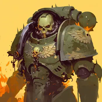 An imposing armored figure from Warhammer 40k, featuring a skull-themed helmet and intricate details, set against a vibrant yellow background, perfect for a forum avatar.