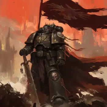 A striking profile photo featuring a Warhammer 40k Space Marine standing valiantly amidst a fiery background, embodying the epic battles of the universe.