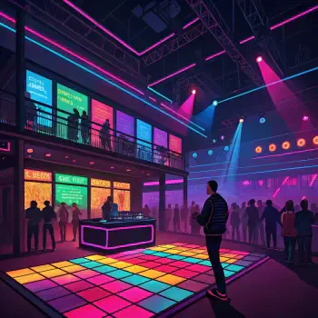 Vibrant nightclub scene featuring a DJ and a lively crowd, with colorful lighting illuminating the dance floor. This image serves as a dynamic avatar for online profiles.