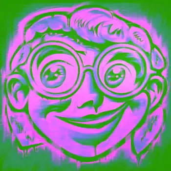 A vibrant fluorescent avatar featuring a cheerful character with large glasses and a bright smile, set against a bold green background.