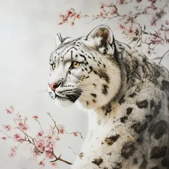 Profile photo featuring a beautifully rendered snow leopard with its white fur and distinct spots, set against a backdrop of delicate cherry blossoms.
