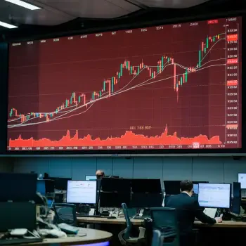 A stock market trading floor featuring large screens displaying market trends, with traders working diligently at their desks in a modern financial environment.