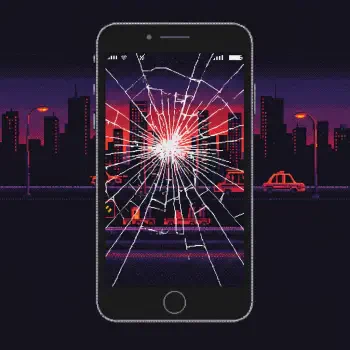 A digital avatar featuring a smartphone with a cracked screen overlay, set against a vibrant city skyline at sunset, evoking a retro aesthetic.