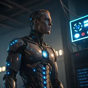 A futuristic cyborg stands in profile, showcasing a sleek metallic body with glowing blue accents. The background features digital screens and a high-tech environment.
