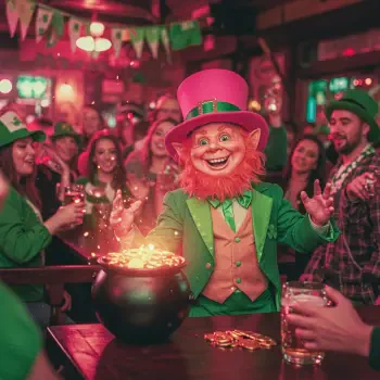 A lively St. Patrick's Day scene featuring a cheerful leprechaun in green attire surrounded by festive partygoers, celebrating with drinks and a pot of gold.