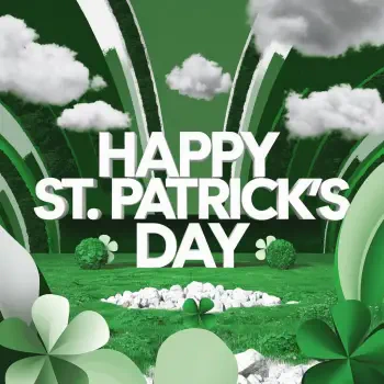 A vibrant St. Patrick's Day avatar featuring bold text that reads Happy St. Patrick's Day, surrounded by green clovers and playful cloud elements.
