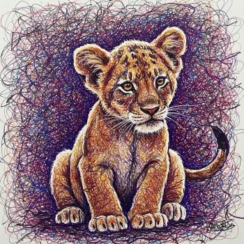 A vibrant illustration of a young lion cub sitting among a colorful abstract background, perfect for a forum avatar or profile photo.