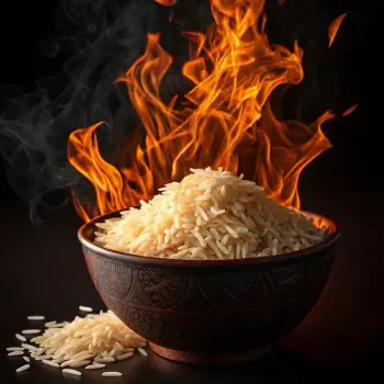 A bowl of uncooked rice with vibrant flames and smoke emerging, creating a striking and dynamic effect, serves as a unique forum avatar.