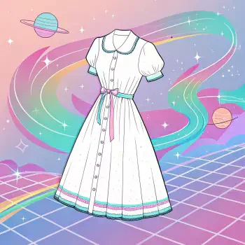 A whimsical illustration of a white dress with a button-down front and a bow, set against a pastel cosmic background, ideal for a forum avatar or profile picture.